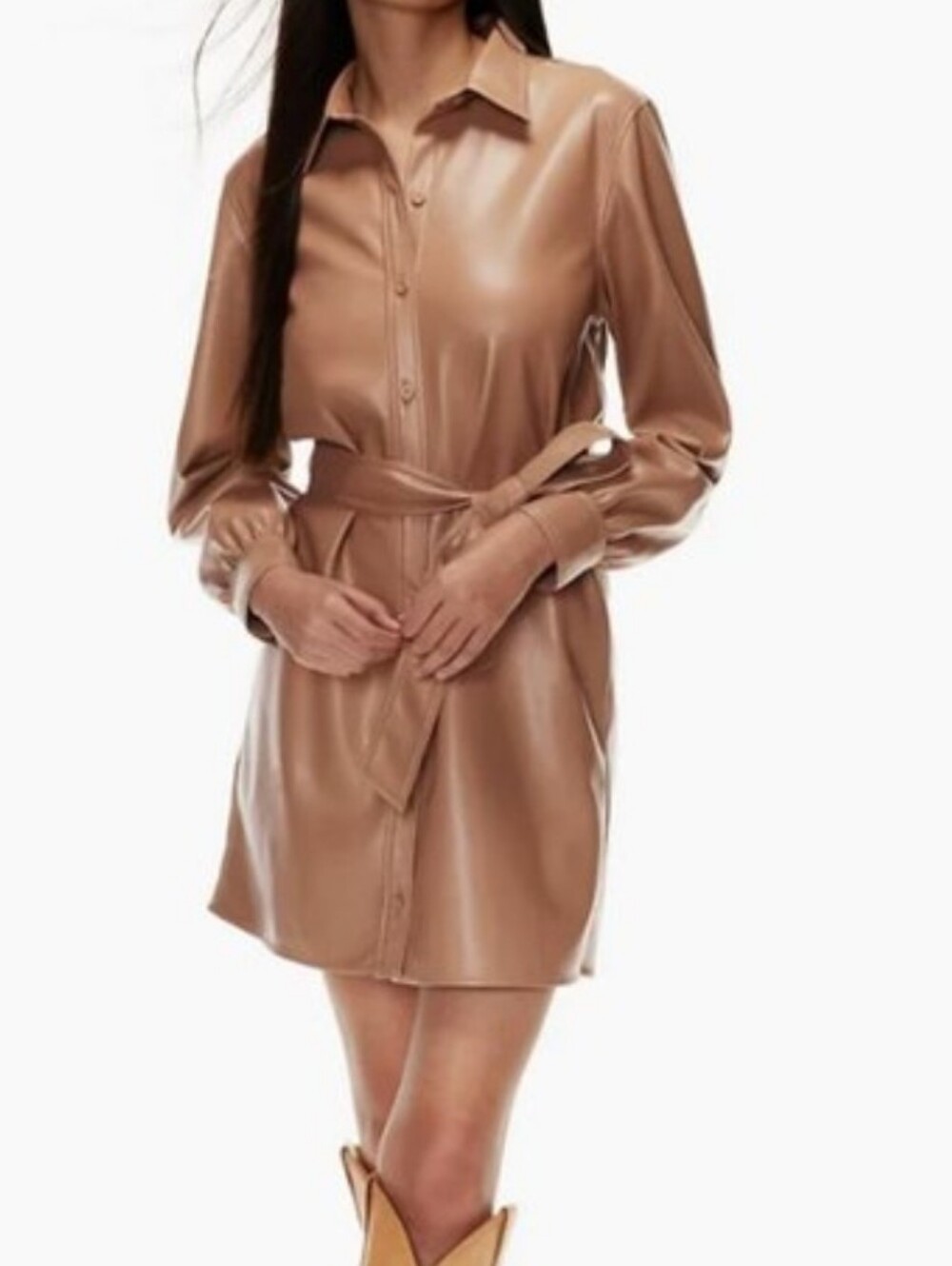 Aritzia Wilfred Caroline Mini Vegan Leather‎ Caramel Brown Belted Dress Size L